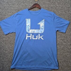 Huk Graphic Tee Mens Medium Blue Camo Logo Fishing Short Sleeve Outdoorsy Sporty